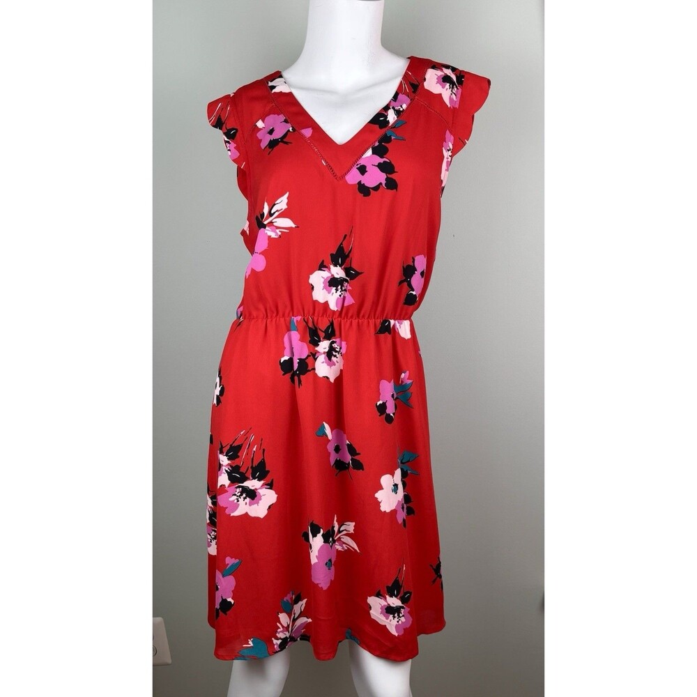 Red Fairy Floral Above Knee Cinched Waist V-neck Dress Size L 41 Hawthorn